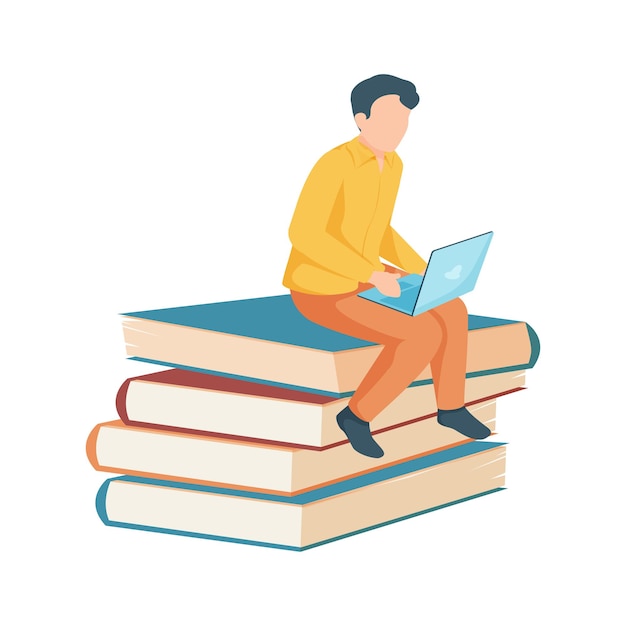 Boy student sitting on stack of books with laptop flat icon  illustration
