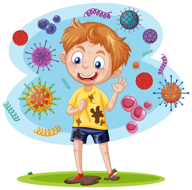 Free vector a boy surrounded by germs