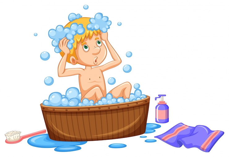 Free Vector boy taking bath in brown tub