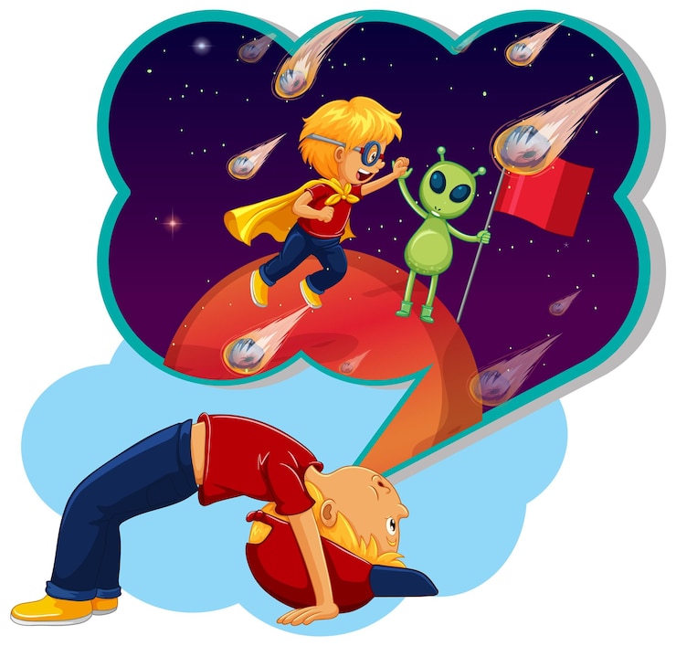 Free Vector boy thinking of flying in space