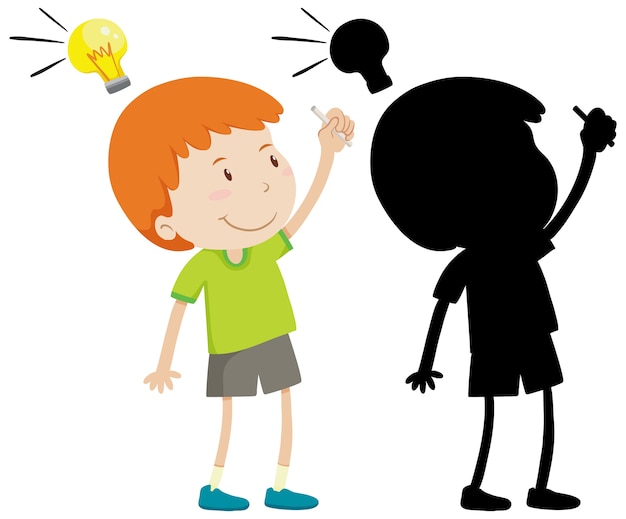 Boy thinking with idea lamp in color and silhouette