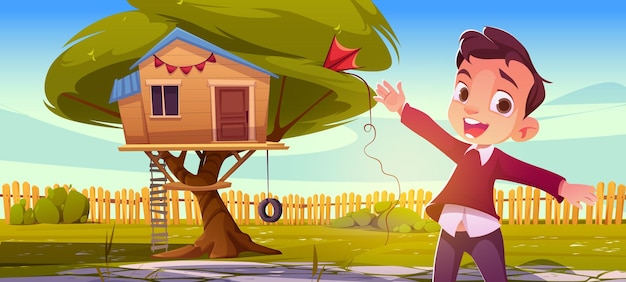 Free vector boy treehouse and swing in garden yard cartoon