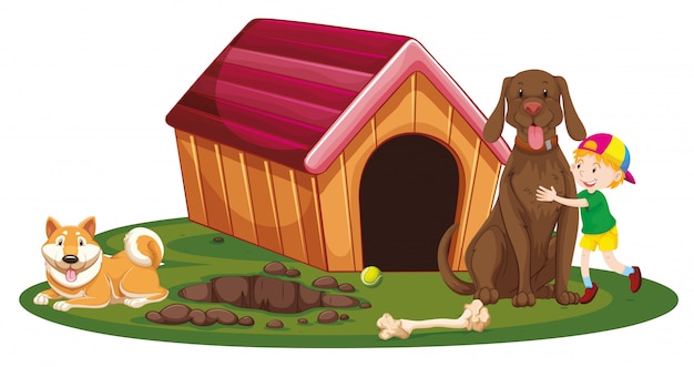 Free vector boy and two dogs by the doghouse