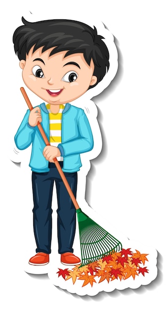 Free vector a boy using rake cartoon character