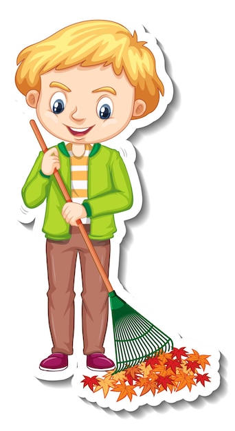 Free vector a boy using rake cartoon character