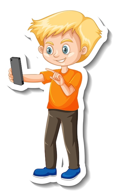 Vettore gratuito un ragazzo che usa l'adesivo del personaggio dei cartoni animati dello smartphone