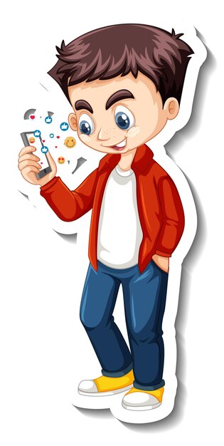 携帯電話の漫画のキャラクターステッカーを使用している少年