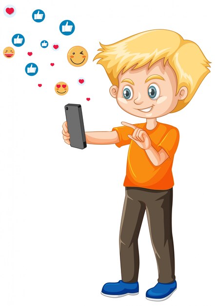 Boy using smart phone with social media icon theme isolated on white background