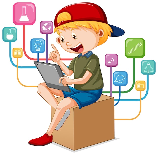 Free vector a boy using tablet for distance learning online
