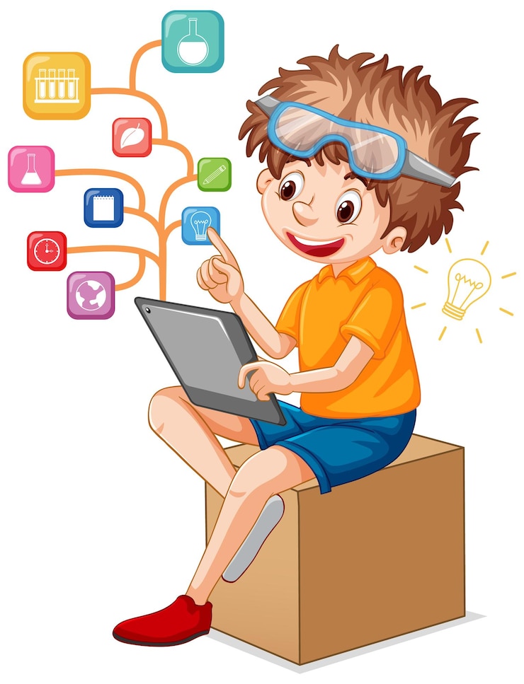 Free Vector a boy using tablet for distance learning online