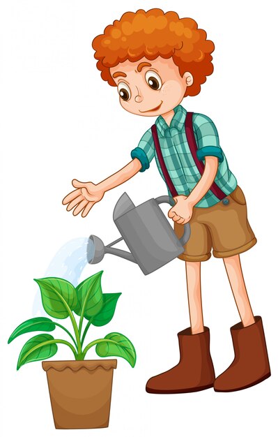 Мальчик поливает растение