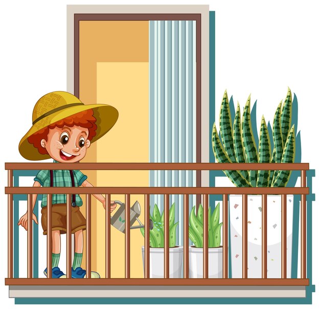 A boy watering plants and standing on the balcony