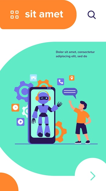 Мальчик машет привет гуманоиду на экране смартфона