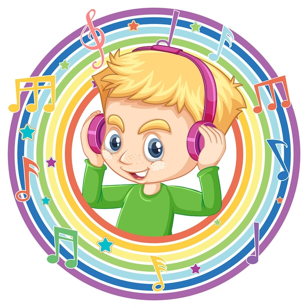 Boy wear headphone in rainbow round frame with melody symbols