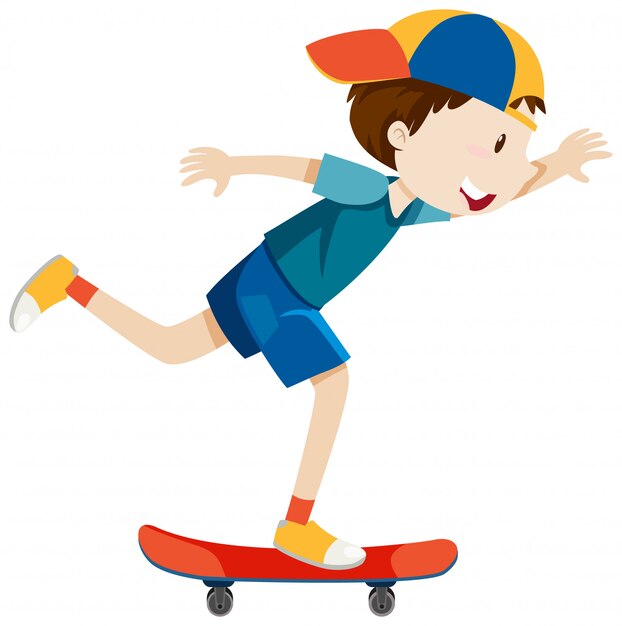 Мальчик в кепке играет в скейтборде в мультяшном стиле