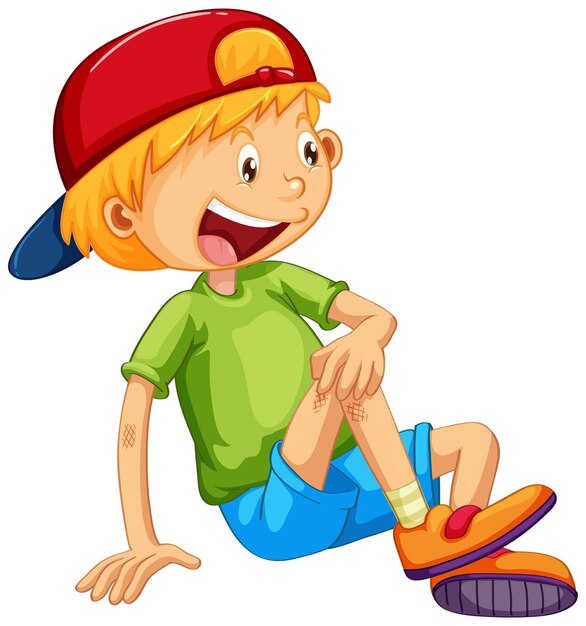 Мальчик в кепке в сидячей позе мультипликационный персонаж