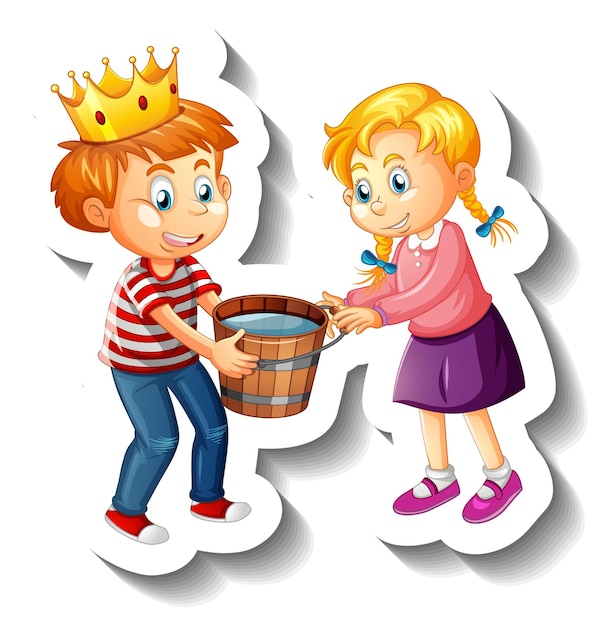 Free vector a boy wearing crown giving water bucket to a girl