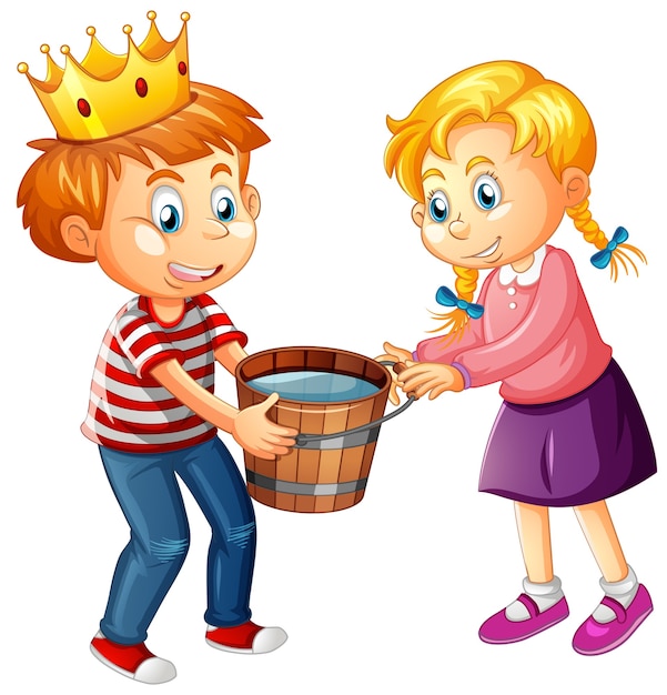 A boy wearing crown with a cute girl on white background