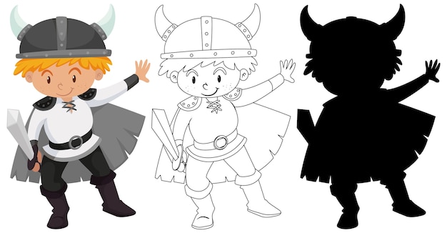 Free vector boy wearing knight costume with its outline and silhouette