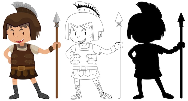 Boy wearing knight costume with its silhouette and outline