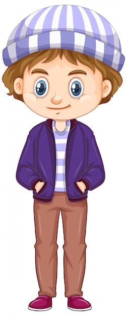 Free vector boy wearing purple jacket and hat on white