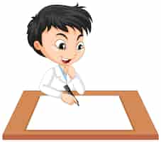 Free vector a boy wearing scientist gown with empty paper on the table