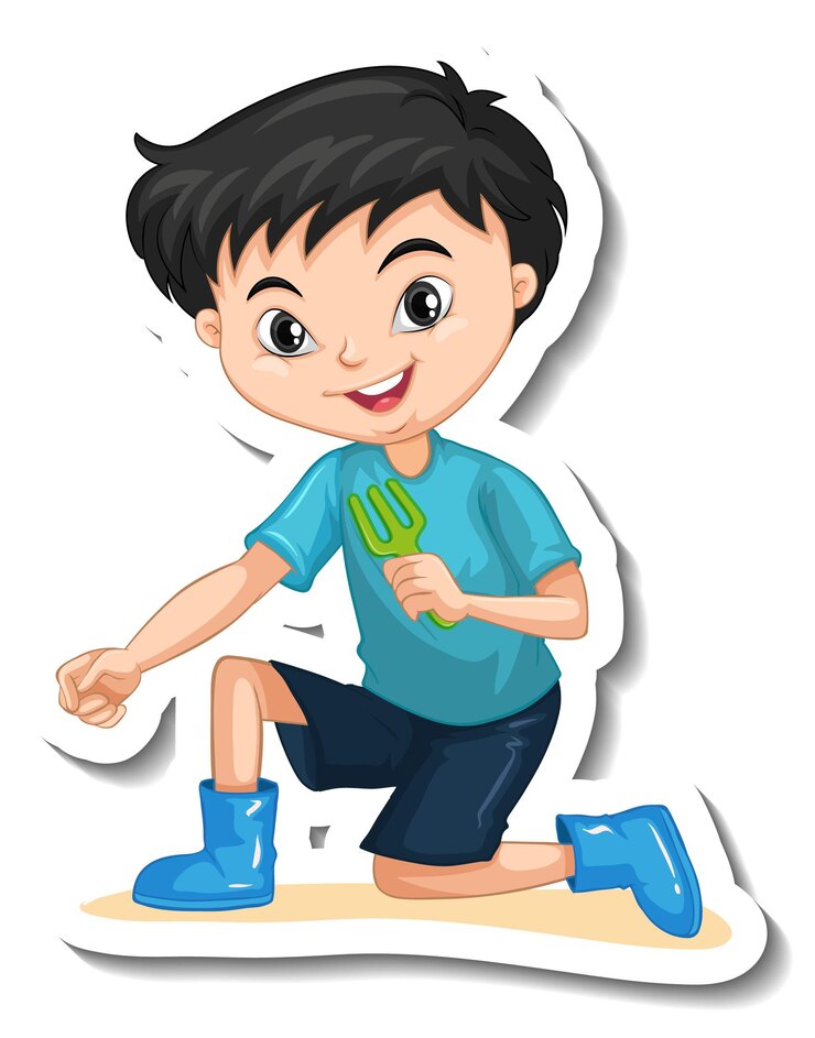 Free Vector a boy wears boots and holding gardening fork