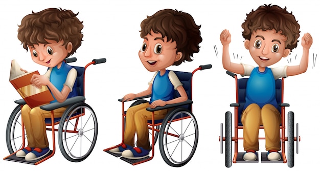 Boy in wheelchair doing three things