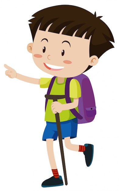 Free vector boy with backpack and walking stick