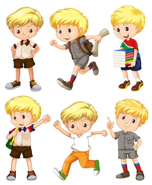 Бесплатное векторное изображение Мальчик со светлыми волосами в разных иллюстрациях действий