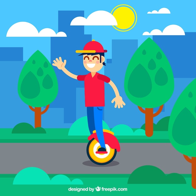 Free vector boy with cap riding electric scooter