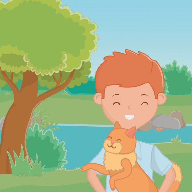 Boy with cat cartoon design