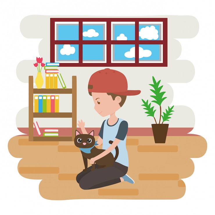 Free Vector boy with cat of cartoon 