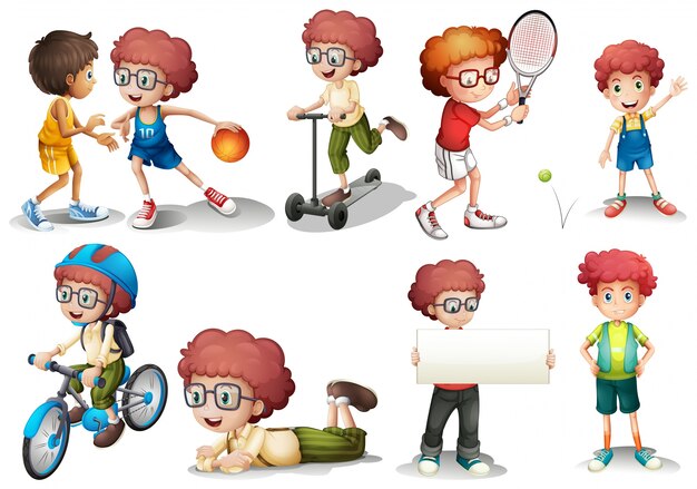 Boy with curly hair in diffrent actions