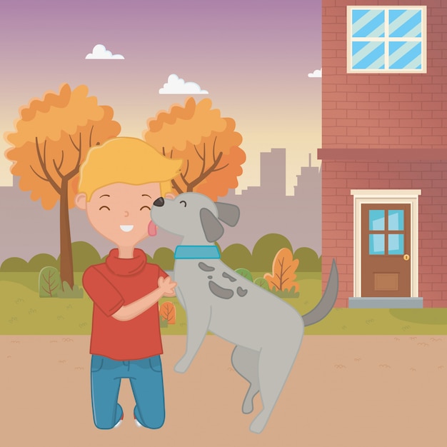 Free vector boy with dog cartoon design