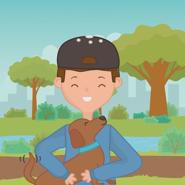 Free vector boy with dog cartoon design