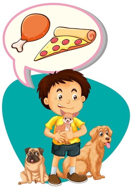 Boy with dogs thinking of food