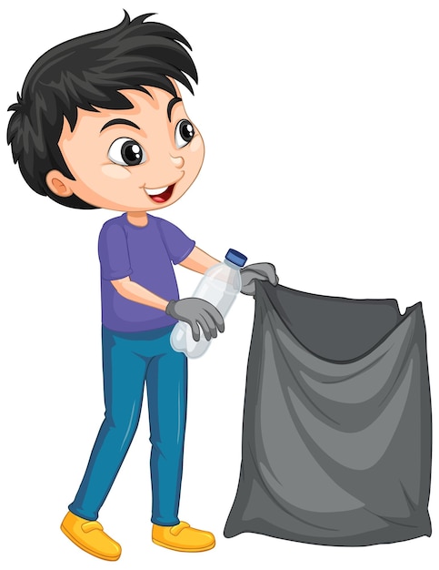 Мальчик с мешком для мусора на изолированном фоне