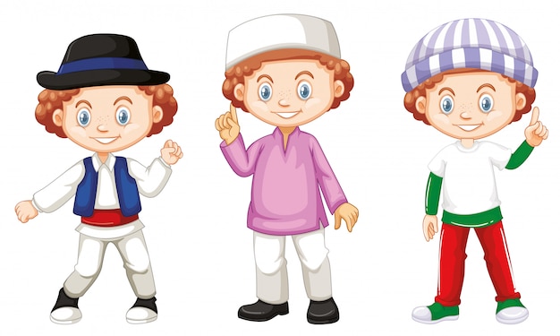 Free vector boy with happy face in different costumes