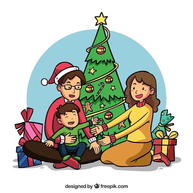 Free vector boy with his parents on christmas