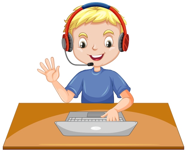 Free vector a boy with laptop on the table on white background