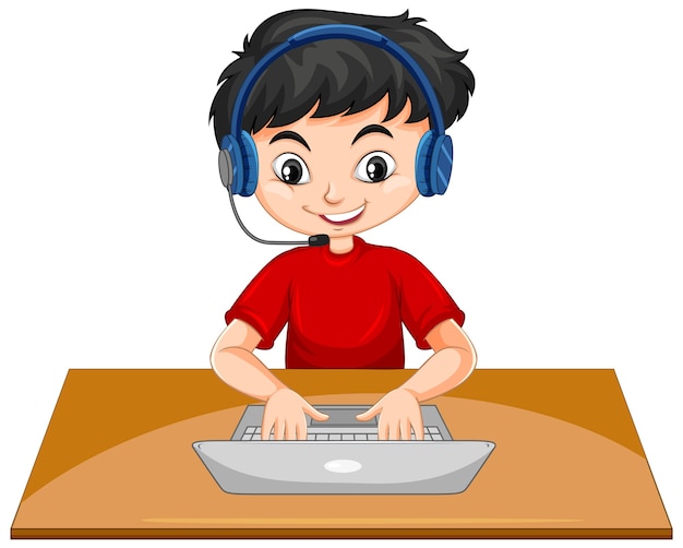 Free vector a boy with laptop on the table