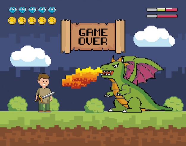 Free vector boy with sword and dragon spits fire with game over message