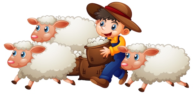 Free vector a boy with three cute sheep on white background