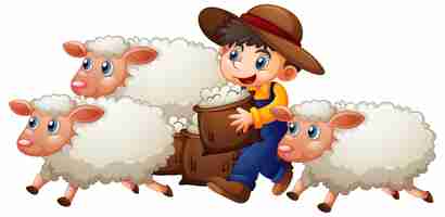 Free vector a boy with three cute sheep on white background