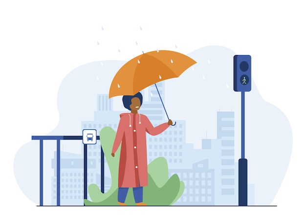 Boy with umbrella crossing road in rainy day. City, pedestrian, traffic lights flat vector illustration. Weather and urban lifestyle