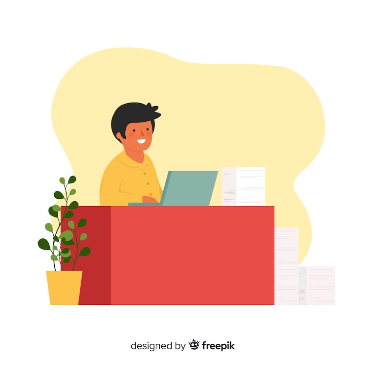 Free Vector boy working at the office flat background