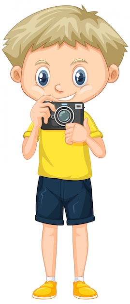 Free vector boy in yellow shirt with digital camera