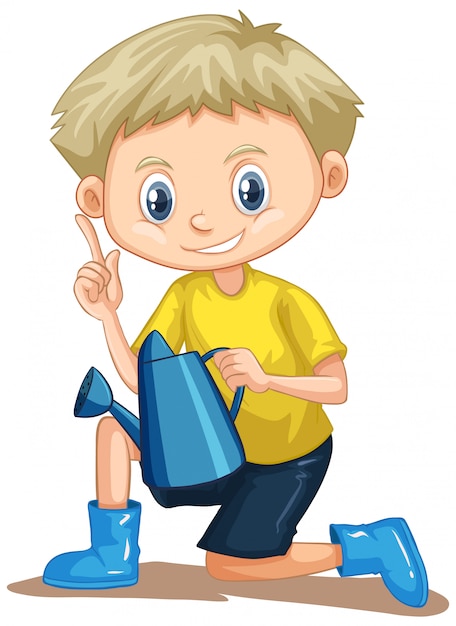 Free vector boy in yellow shirt with watering can