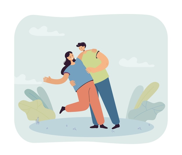 Boyfriend holding girlfriend romantically. Happy couple, male and female characters on date flat vector illustration